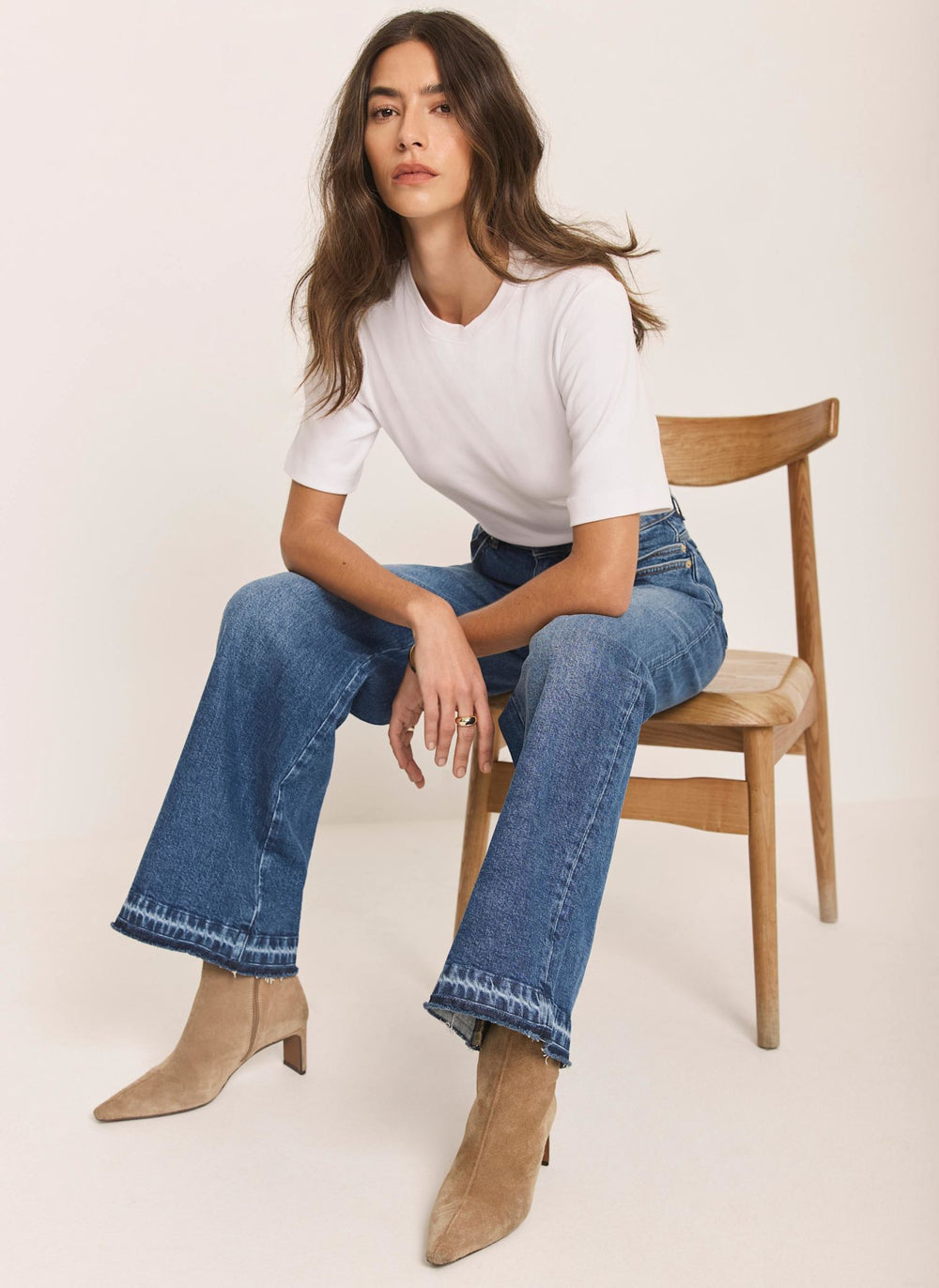 Mid Indigo Hem Detail Wide Leg Jean