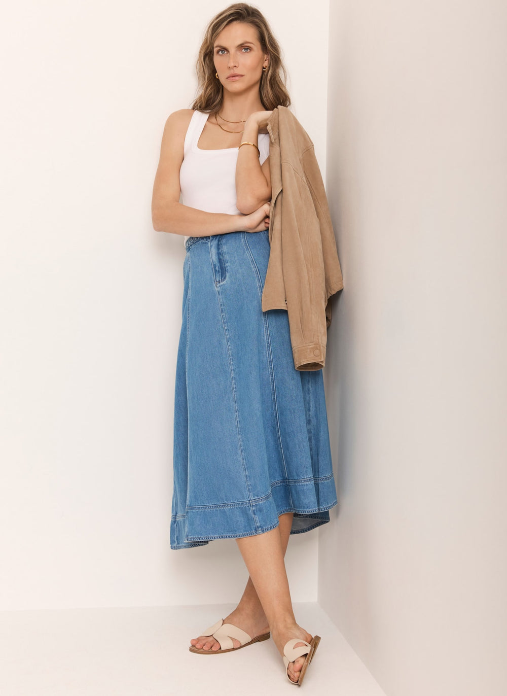 Mid Indigo Plait Detail Denim Midi Skirt