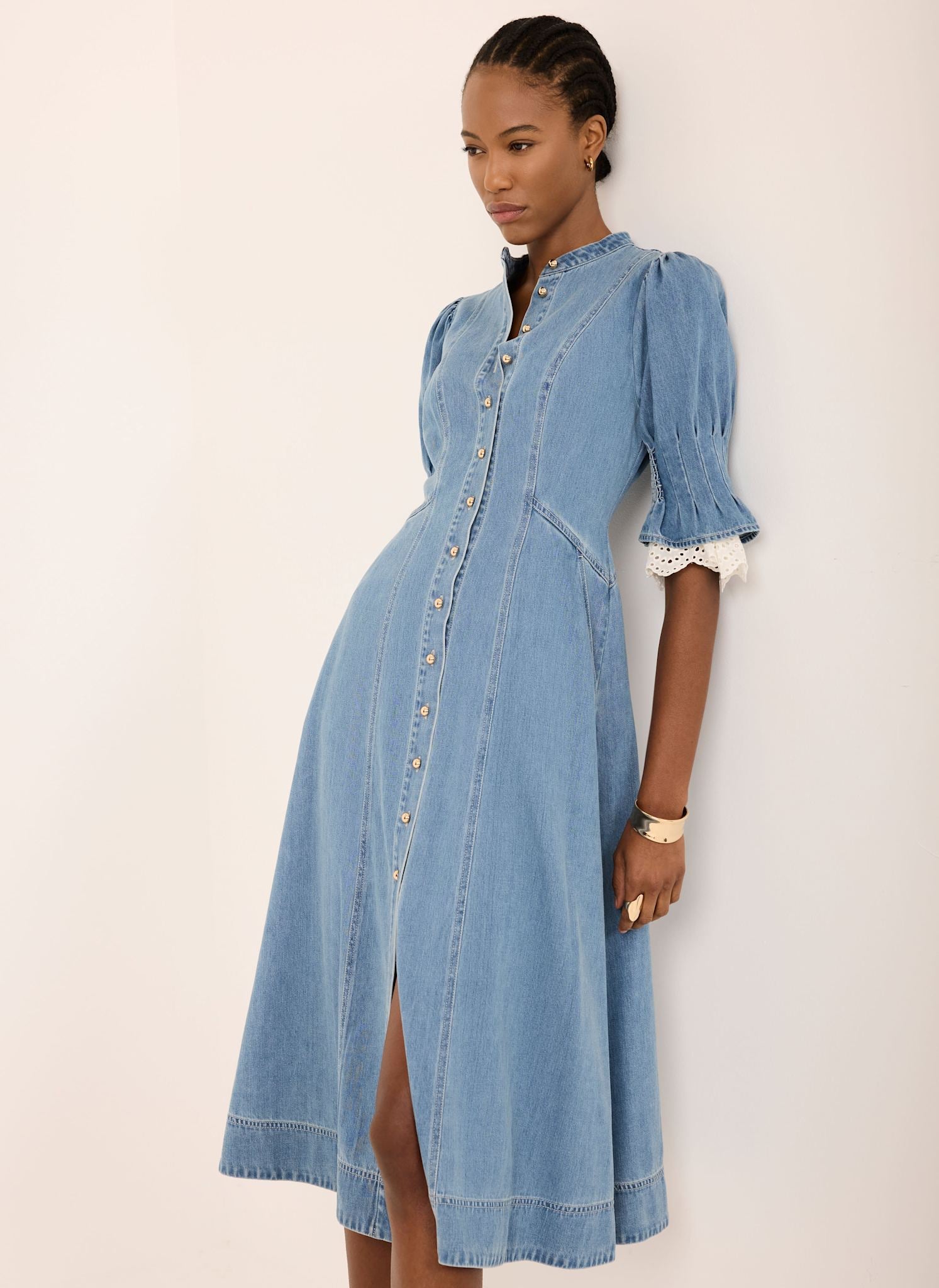 Mint Velvet Women's Denim Crochet Trim Midi Dress - Blue