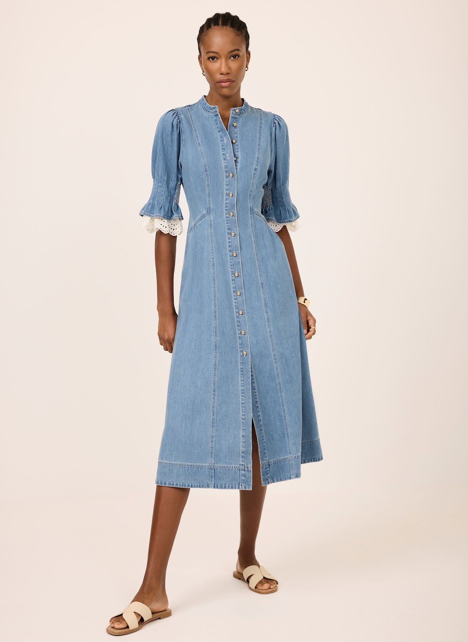 ワンピース MIUMIU Indigo Denim Dress with Bijou Dizzy-Lizzie Miami Midi Dress - Denim With Black Ribbon Trim