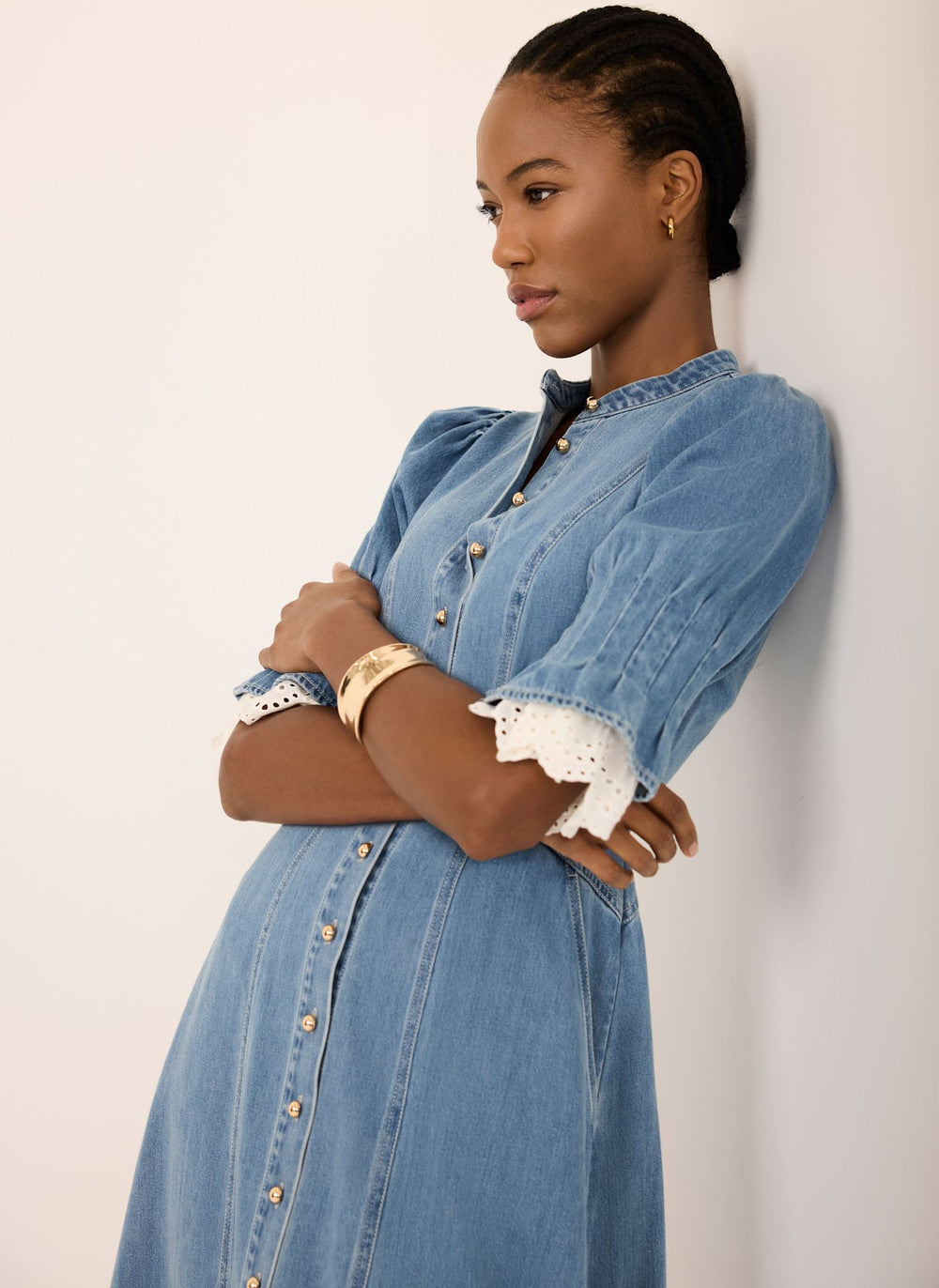 mint velvet denim dress sale Indigo Puff Sleeve Denim Midi Dress Mint Velvet
