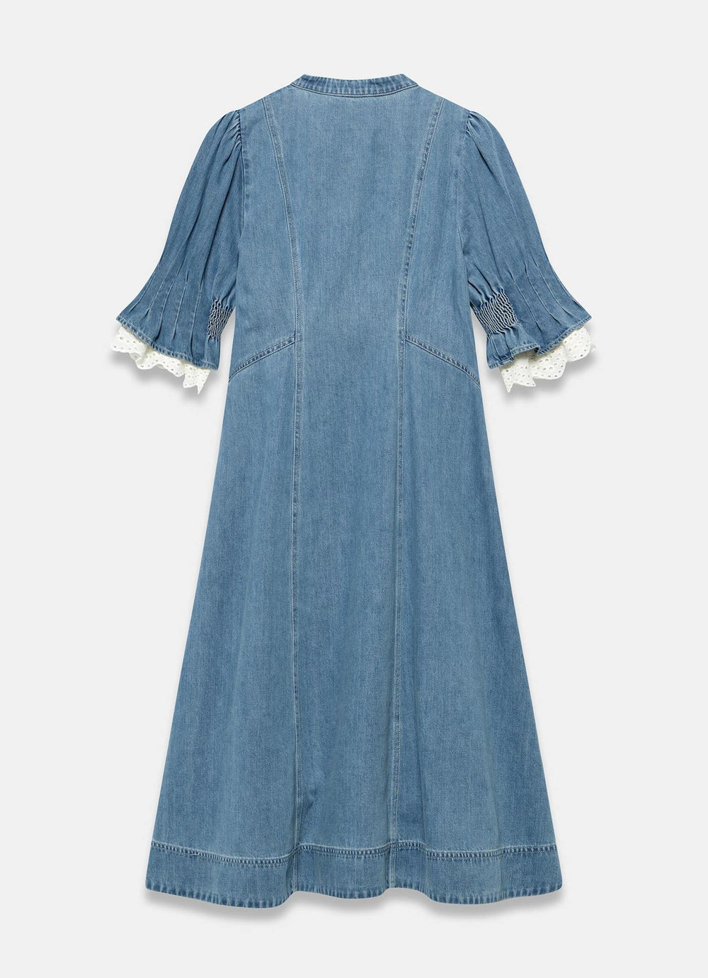 indigo & lace denim dress Indigo & Lace Denim Blue Maxi Dress with smocked tan trim. Scoop neck plus size