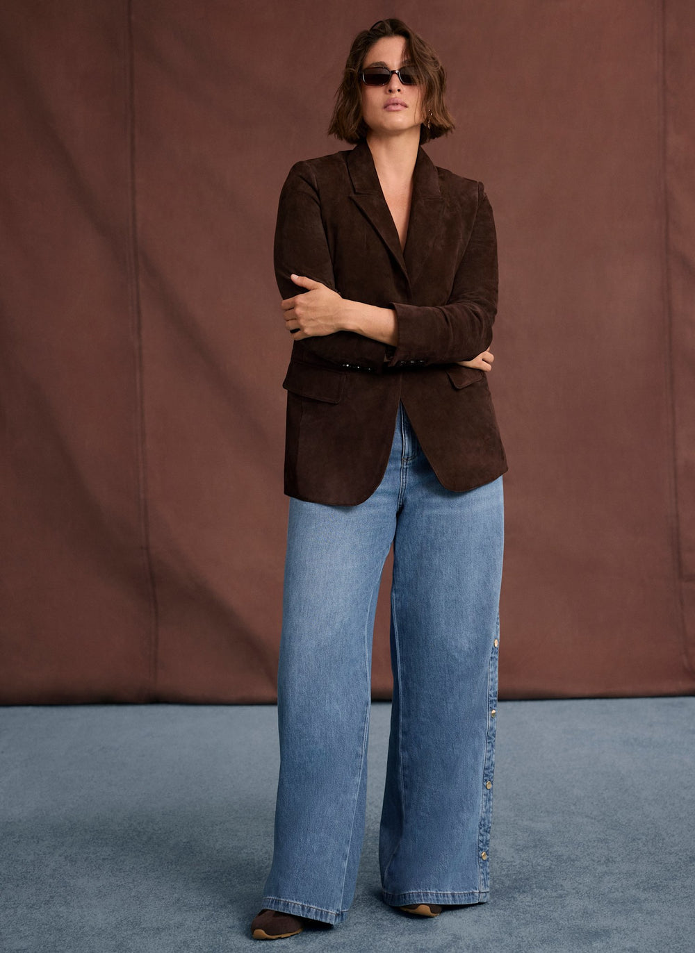 Mid Indigo Popper Detail Wide Jeans