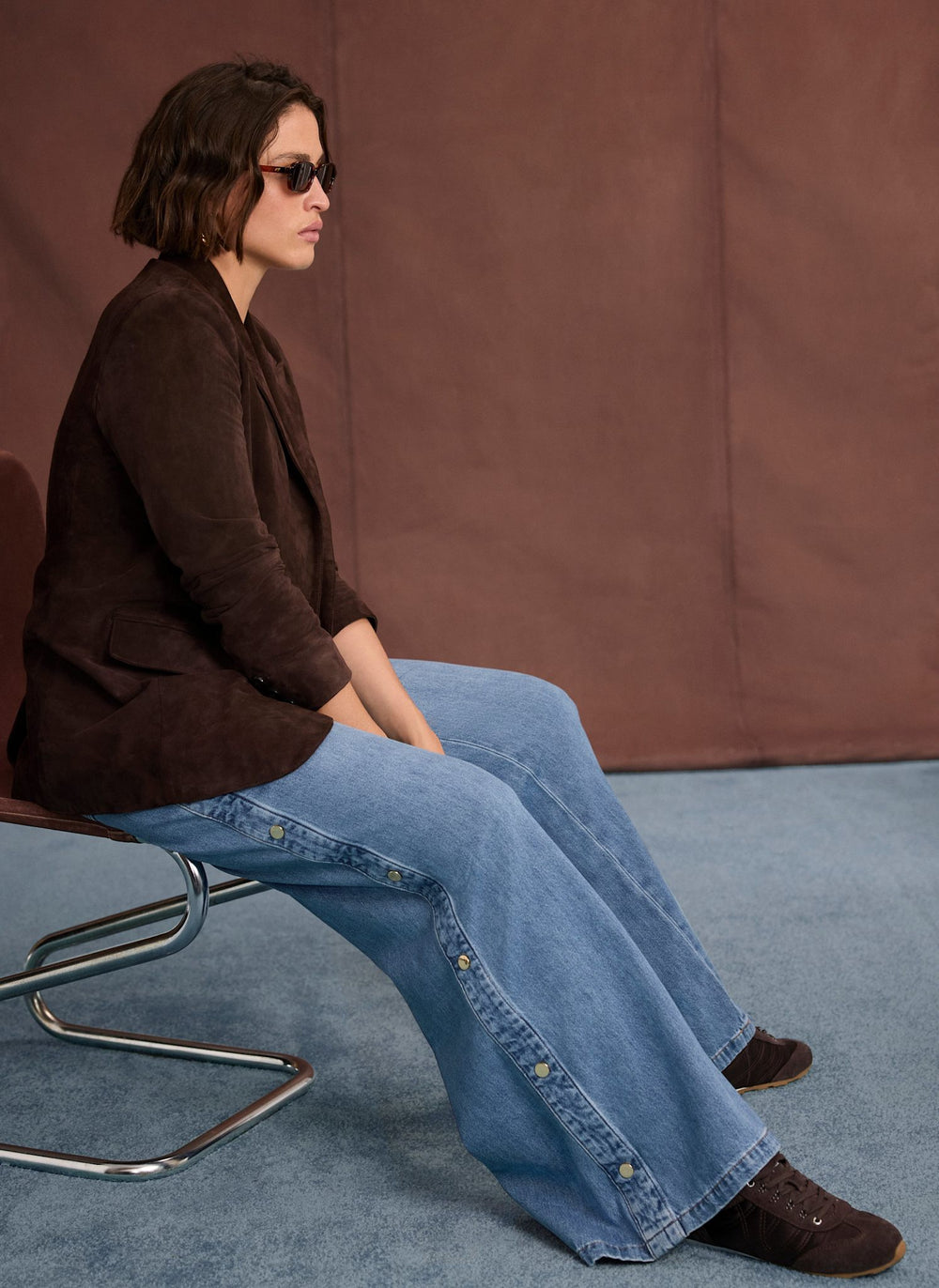 Mid Indigo Popper Detail Wide Jeans