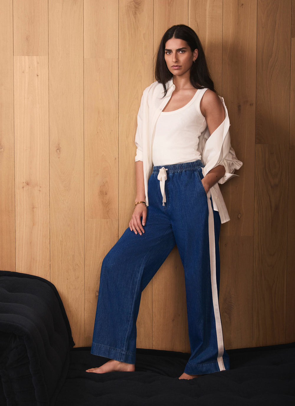 Indigo Tie Waist Side Stripe Wide Jeans