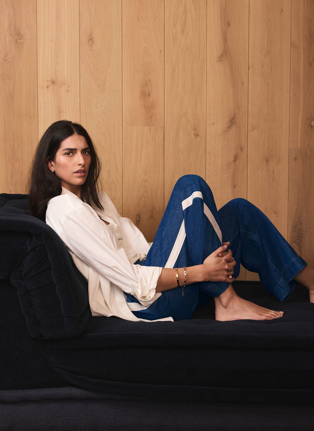 Indigo Tie Waist Side Stripe Wide Jeans