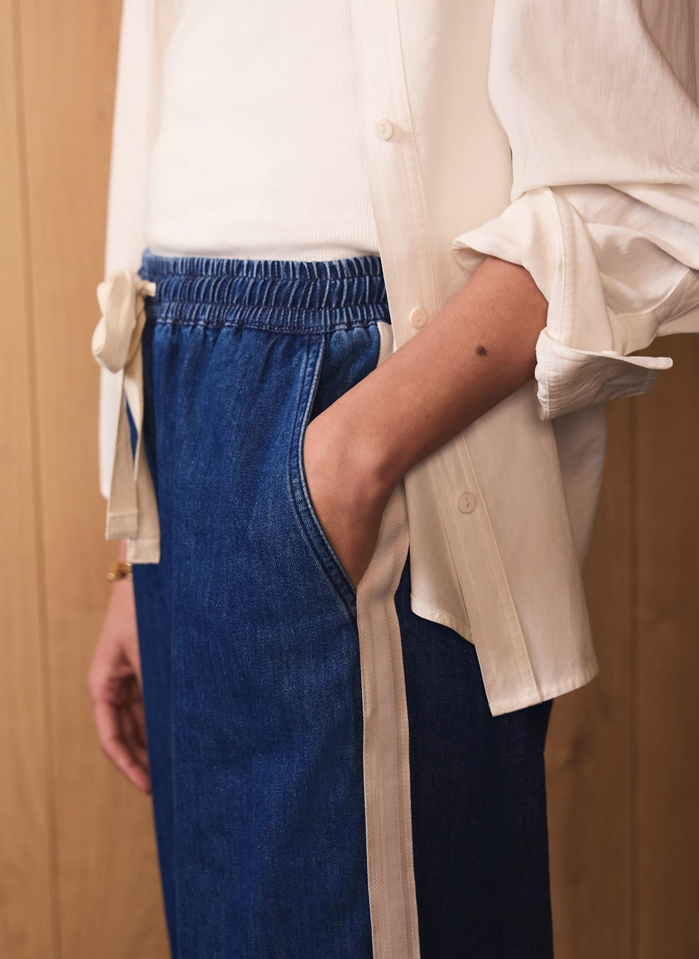 Indigo Tie Waist Side Stripe Wide Jeans