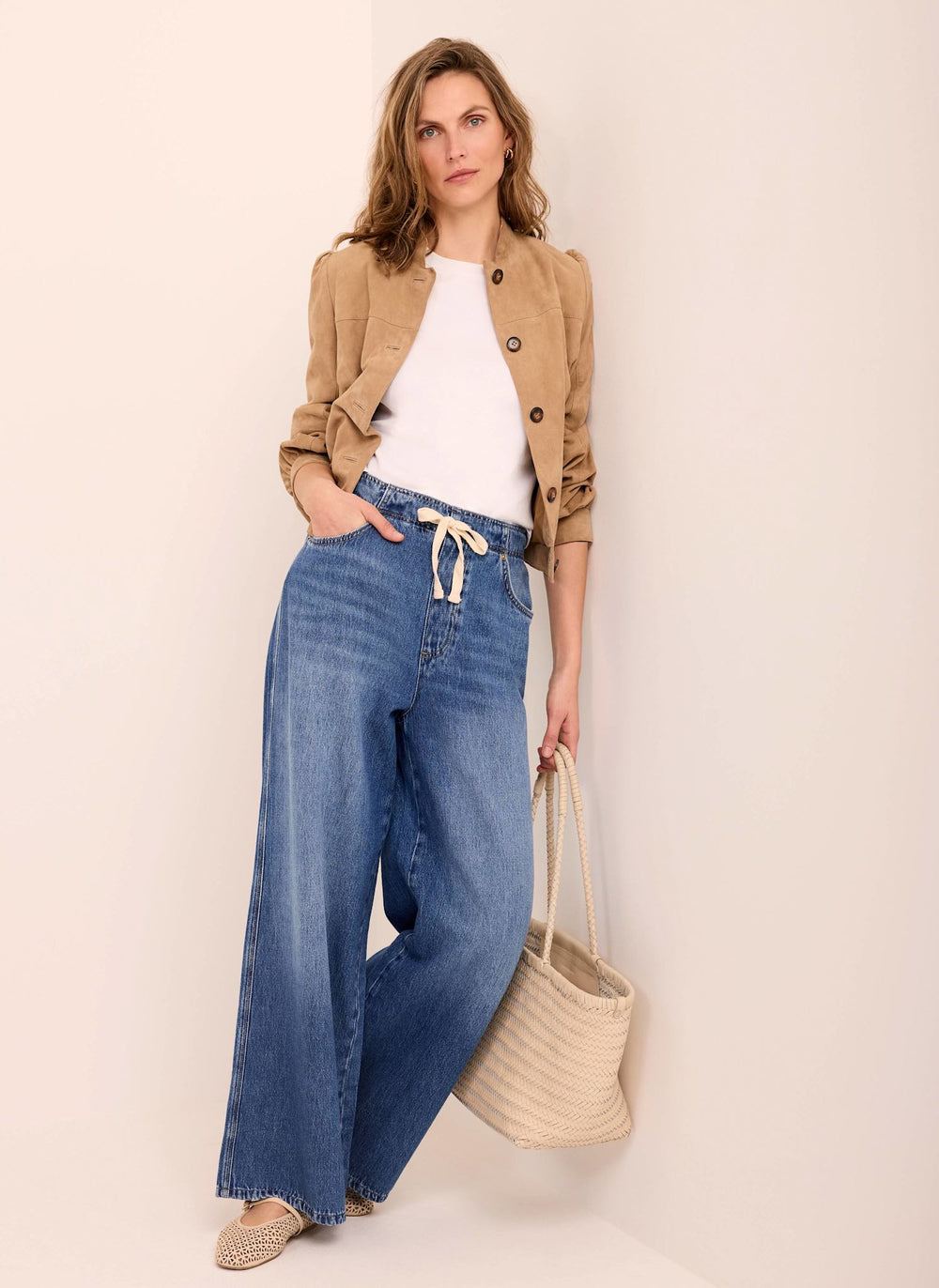 Mid Indigo Tie Waist Wide Leg Jeans