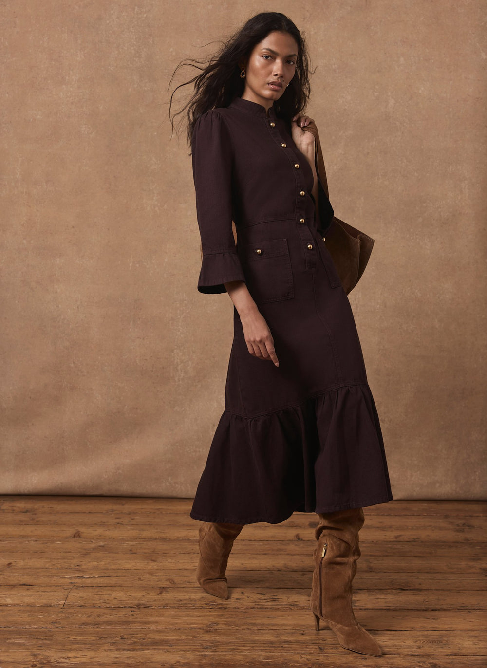 Burgundy Denim Midi Shirt Dress
