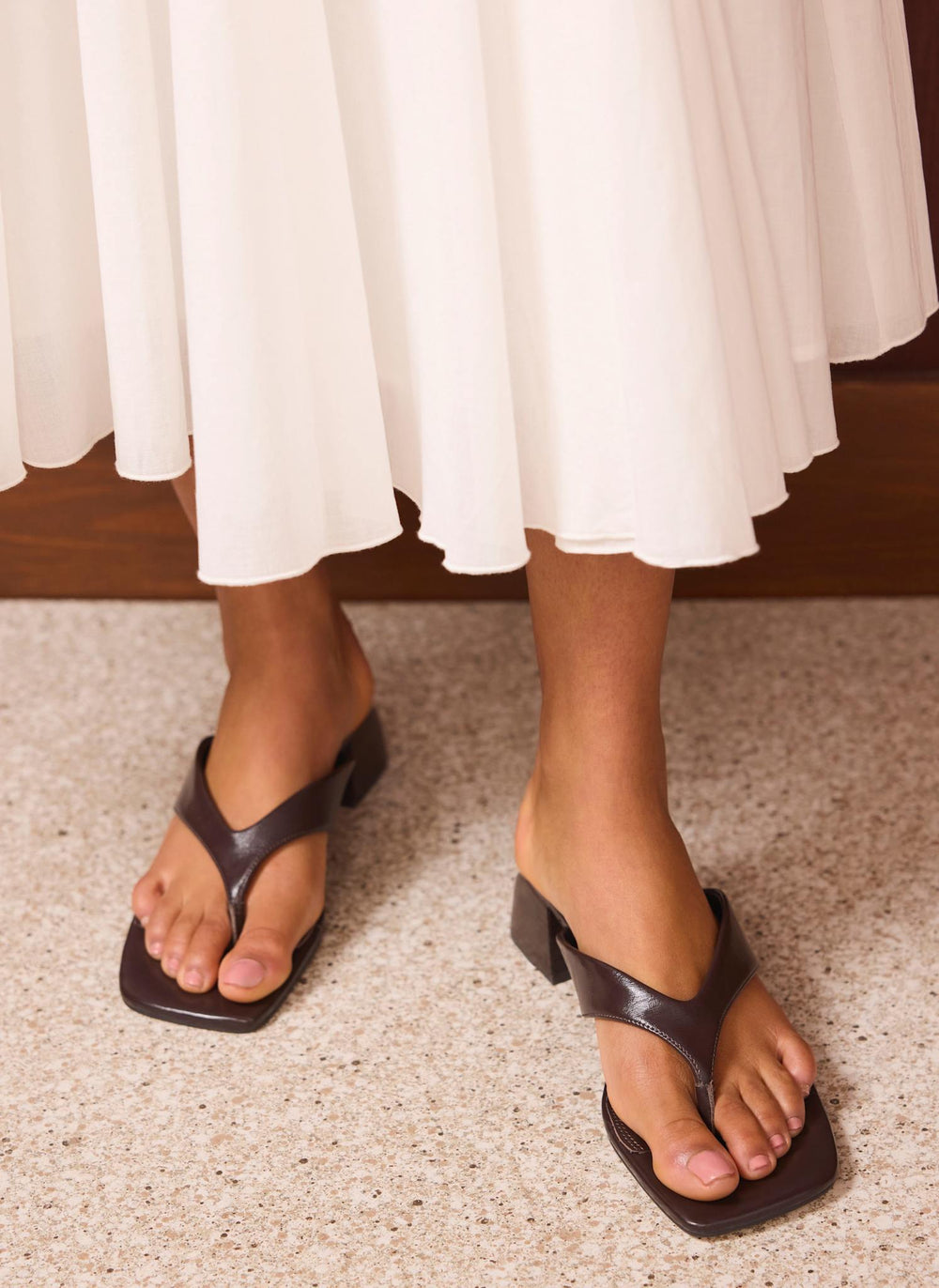 Millie Brown Leather Block Flip Flop Heels