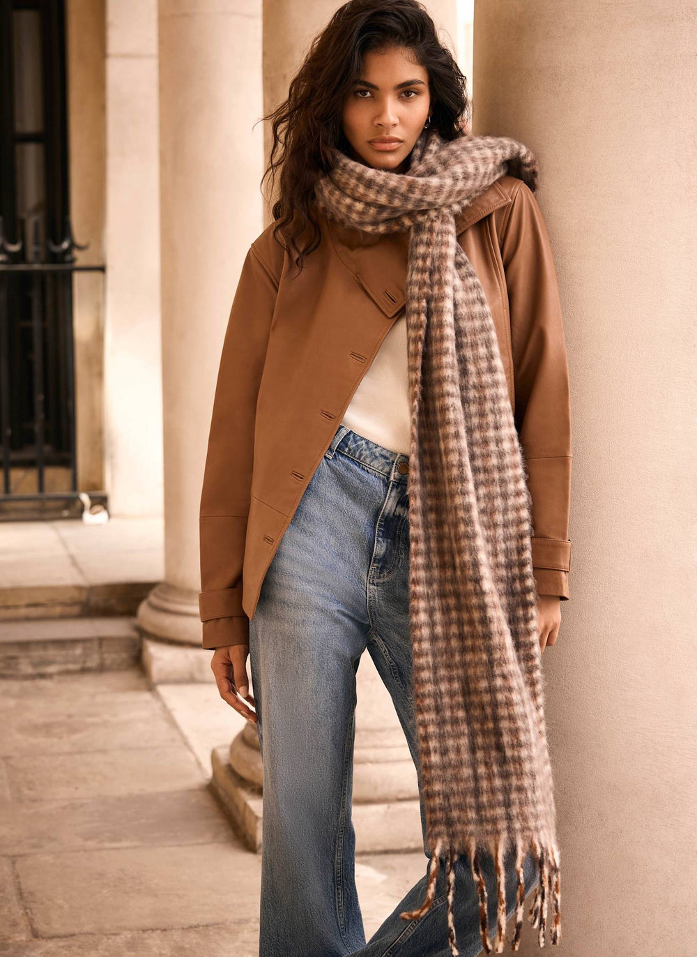 Neutral Checked Tassel  Scarf
