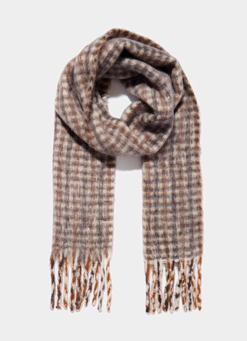Neutral Checked Tassel  Scarf
