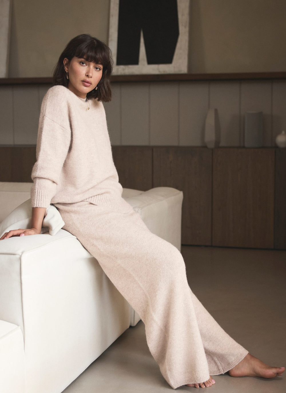 Neutral Wool Blend Wide Leg Trousers