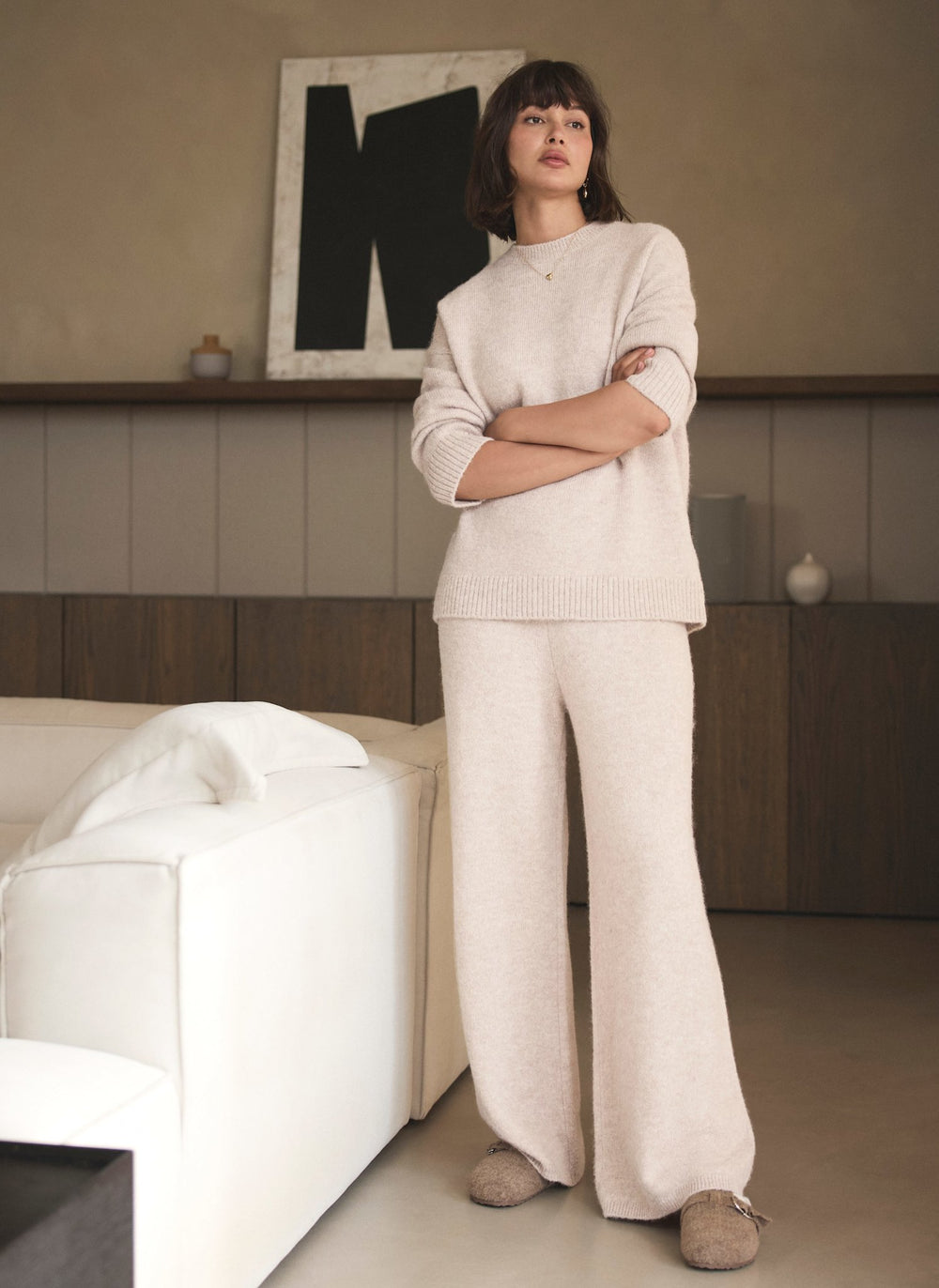 Neutral Wool Blend Wide Leg Trousers