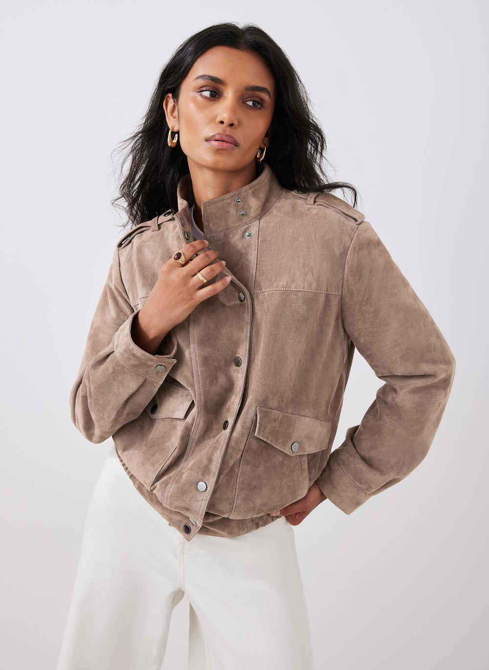 Neutral Suede Pilot Bomber Jacket