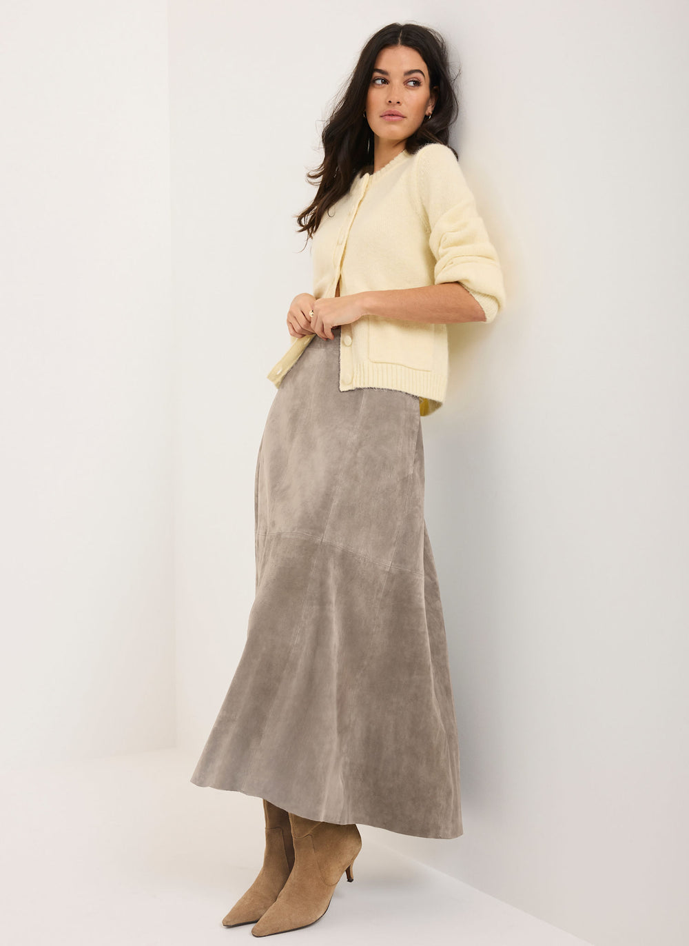 Brown Suede Full Midi Skirt