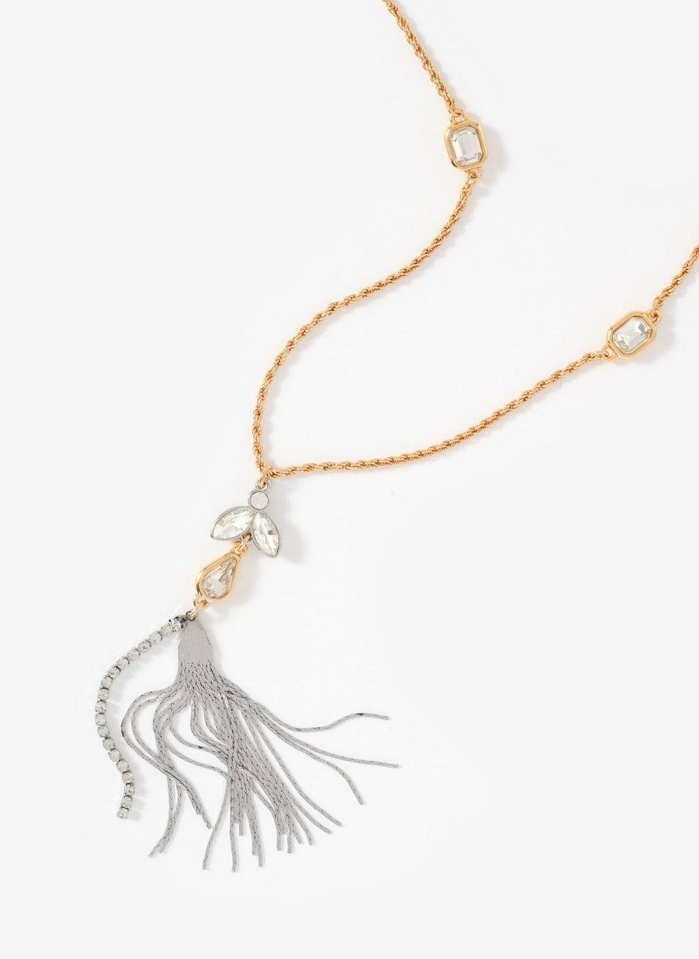 Mixed Metal Crystal Drop Tassel Necklace