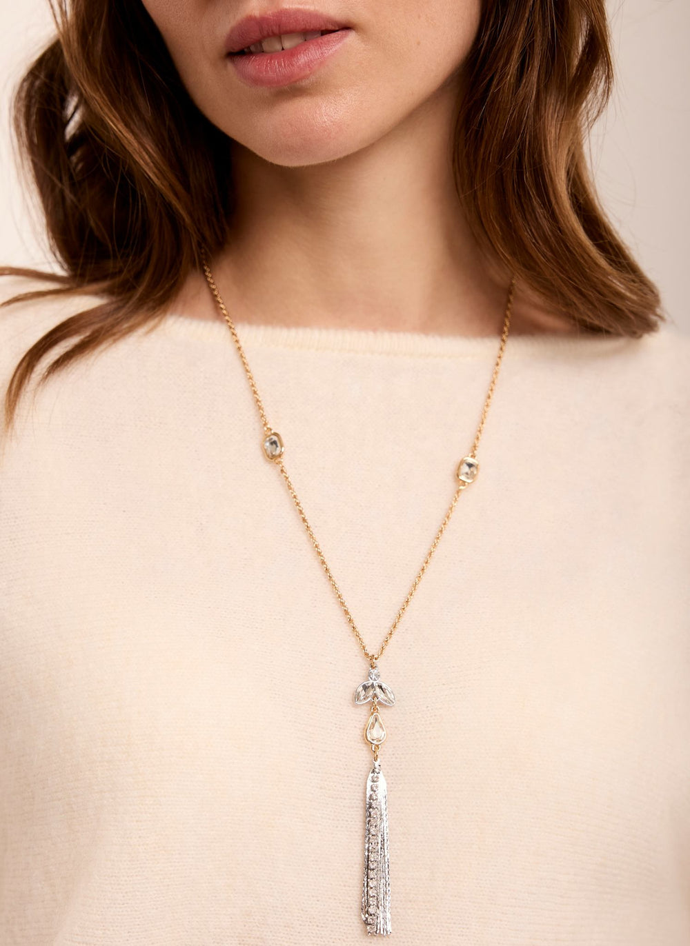 Mixed Metal Crystal Drop Tassel Necklace
