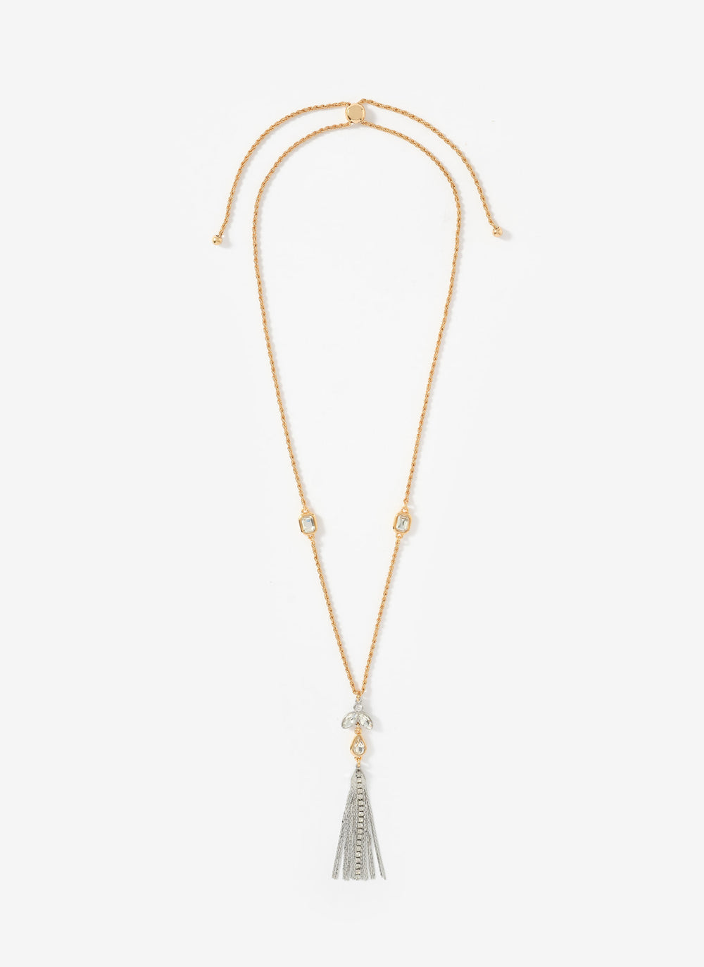 Mixed Metal Crystal Drop Tassel Necklace