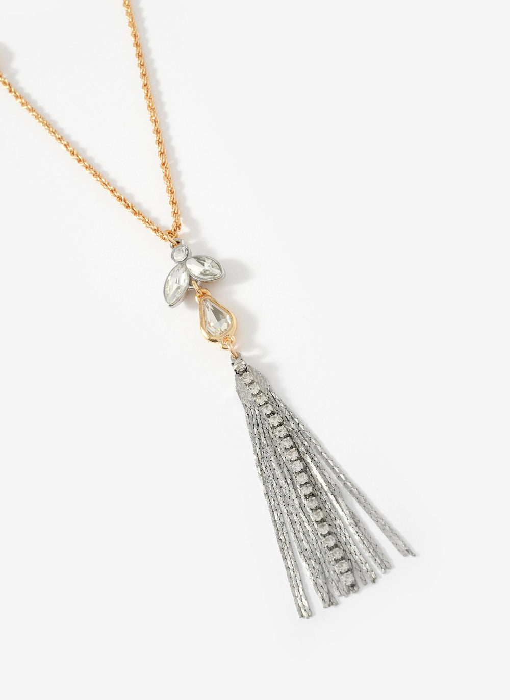 Mixed Metal Crystal Drop Tassel Necklace