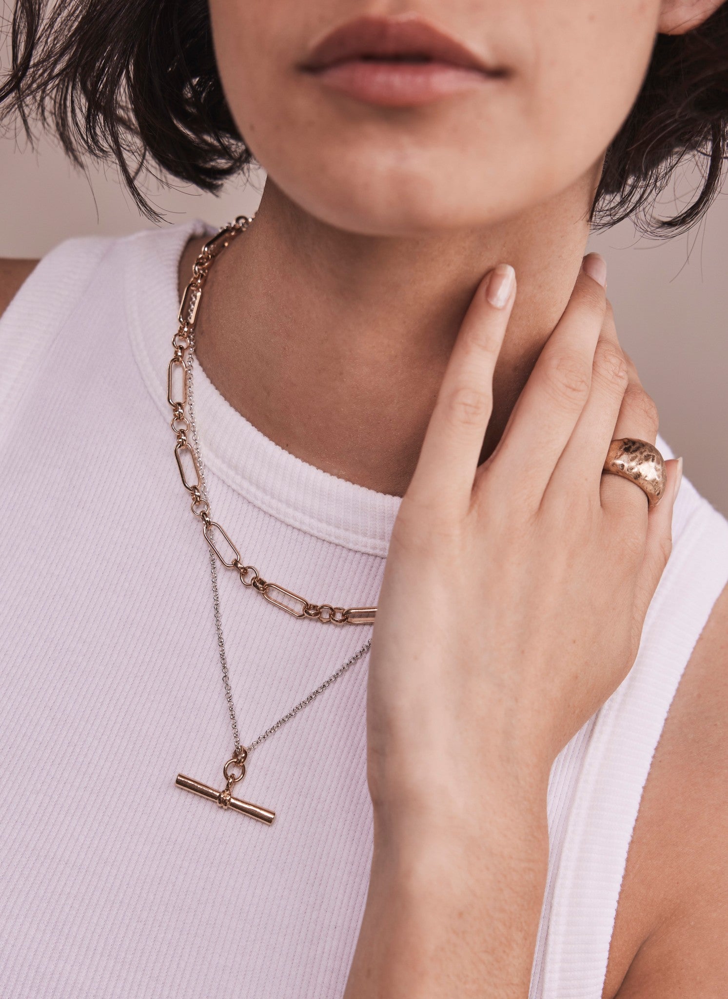 Mixed Metal T Bar Layered Necklace
