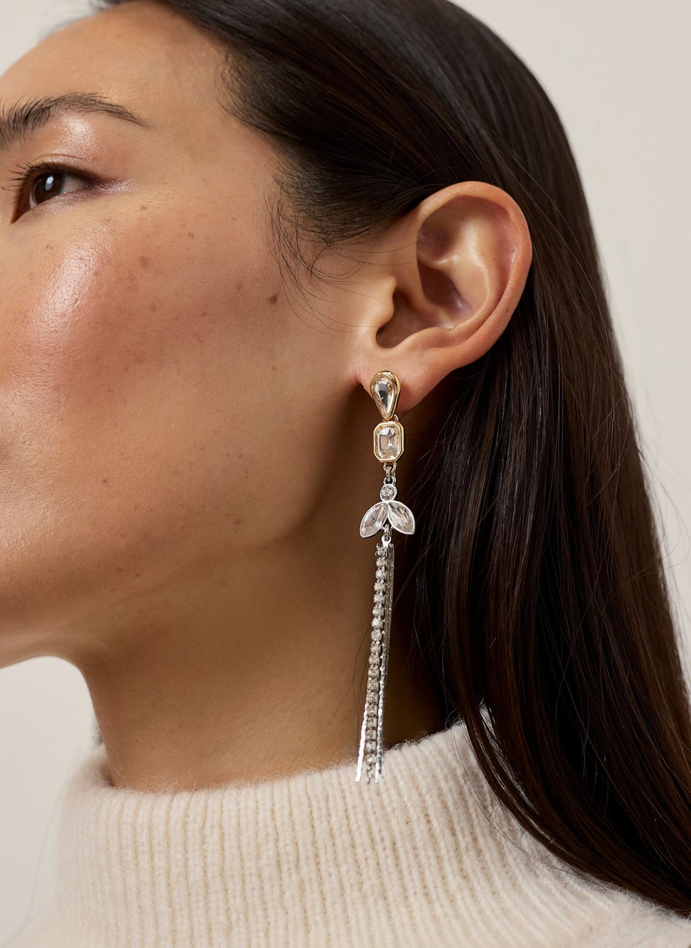 Mixed Metal Crystal Fringe Earrings