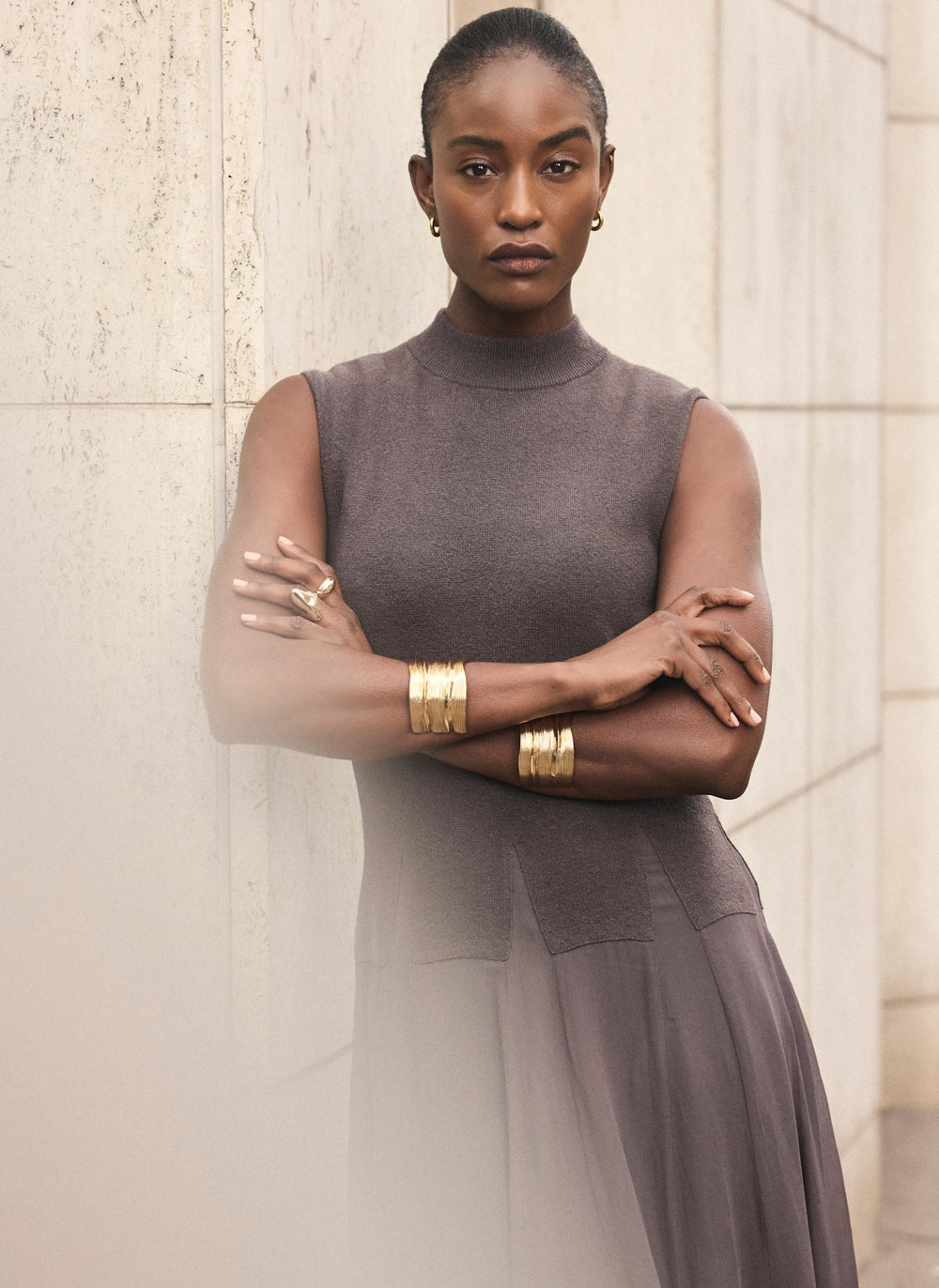 Brown Sleeveless Knit Midi Dress