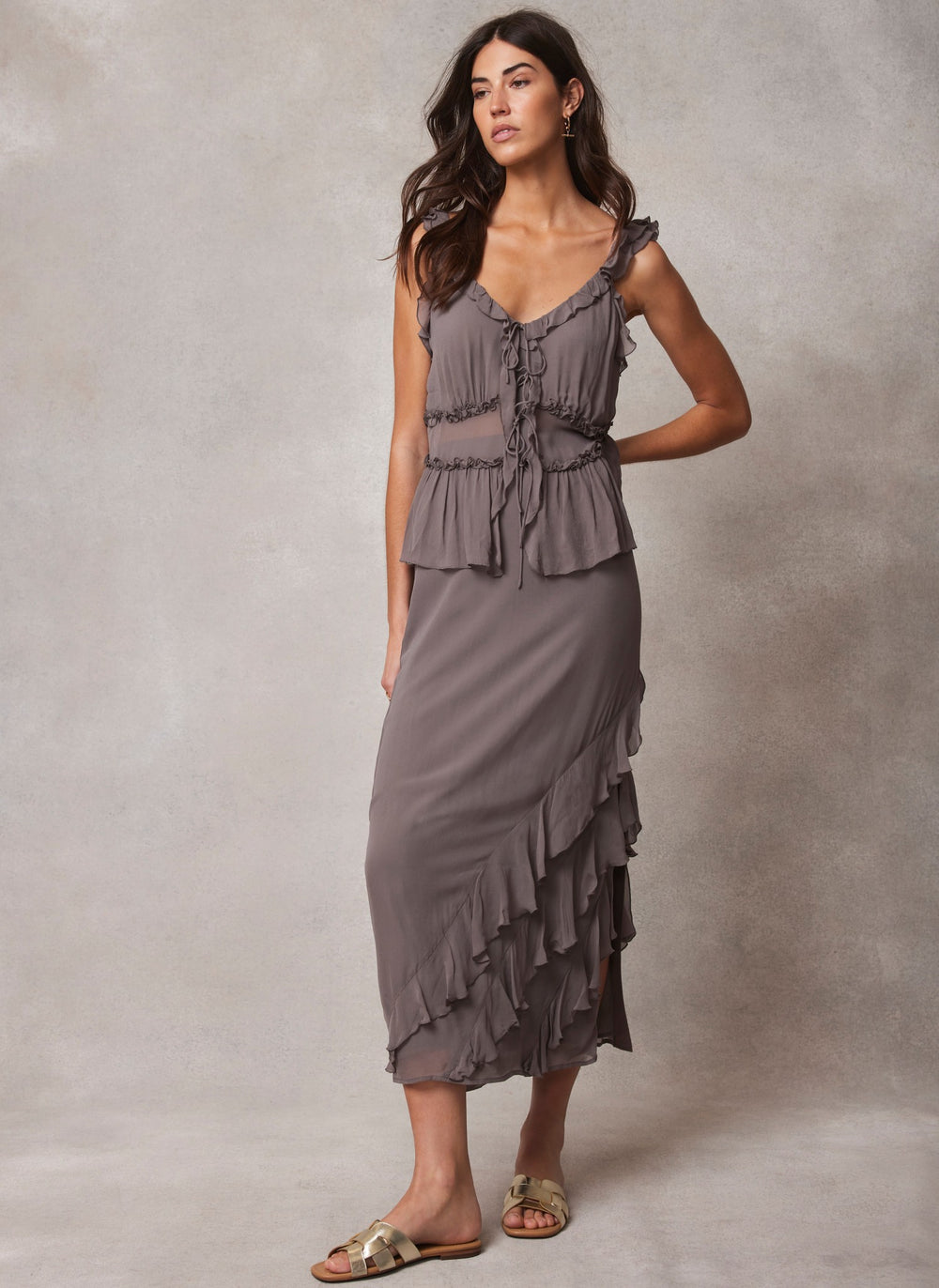 Brown Ruffle Maxi Skirt