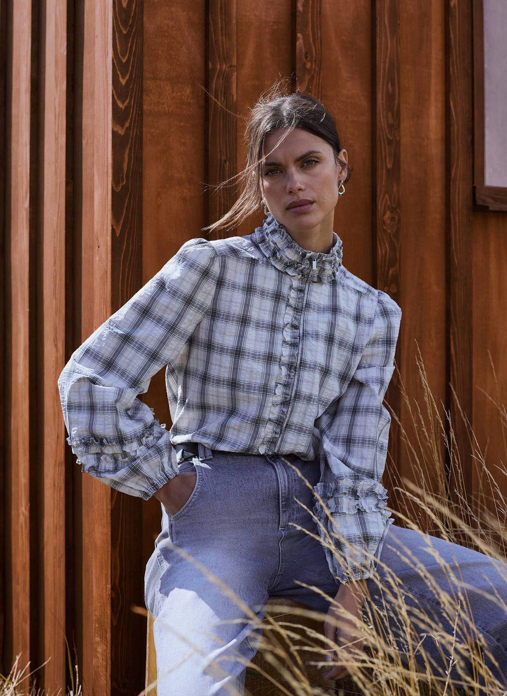 Neutral Cotton Checked Ruffle Bomber Blouse