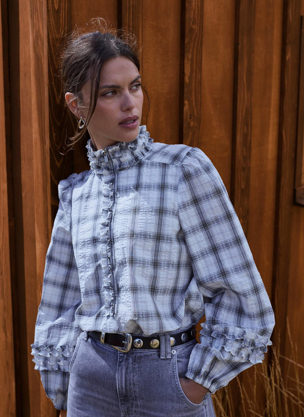 Neutral Cotton Checked Ruffle Bomber Blouse