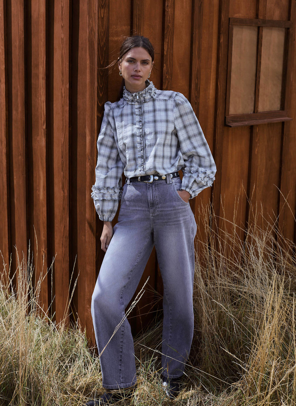 Neutral Cotton Checked Ruffle Bomber Blouse