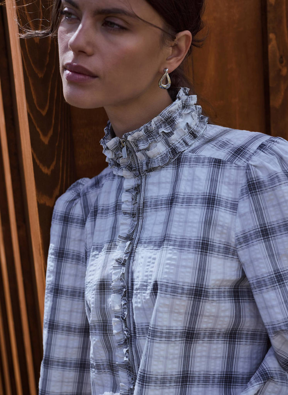 Neutral Cotton Checked Ruffle Bomber Blouse