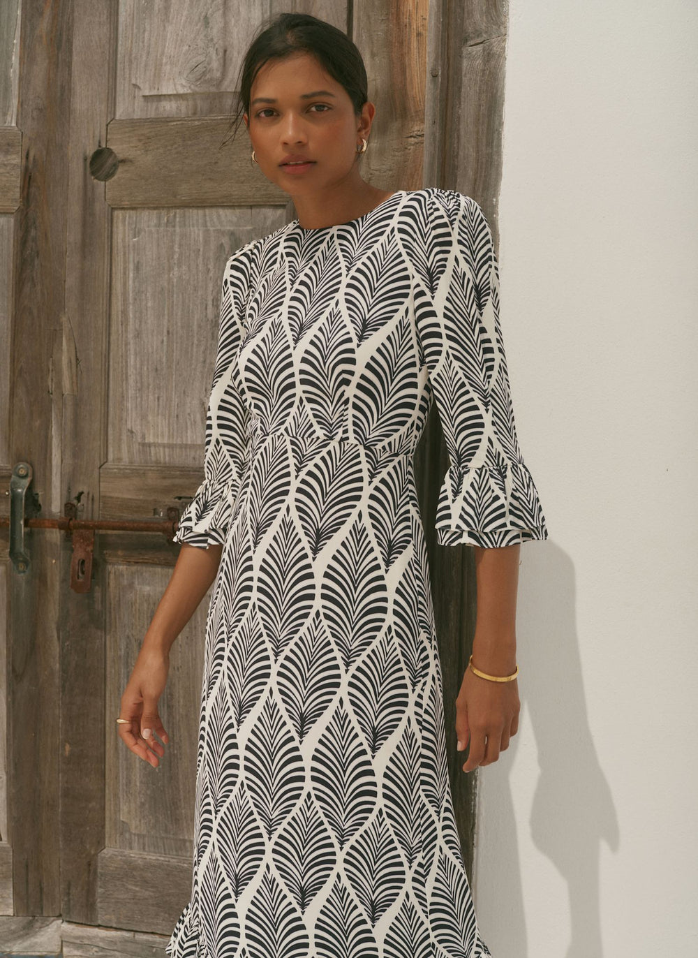 Navy Leaf Print Ruffle Detail Midi Dress