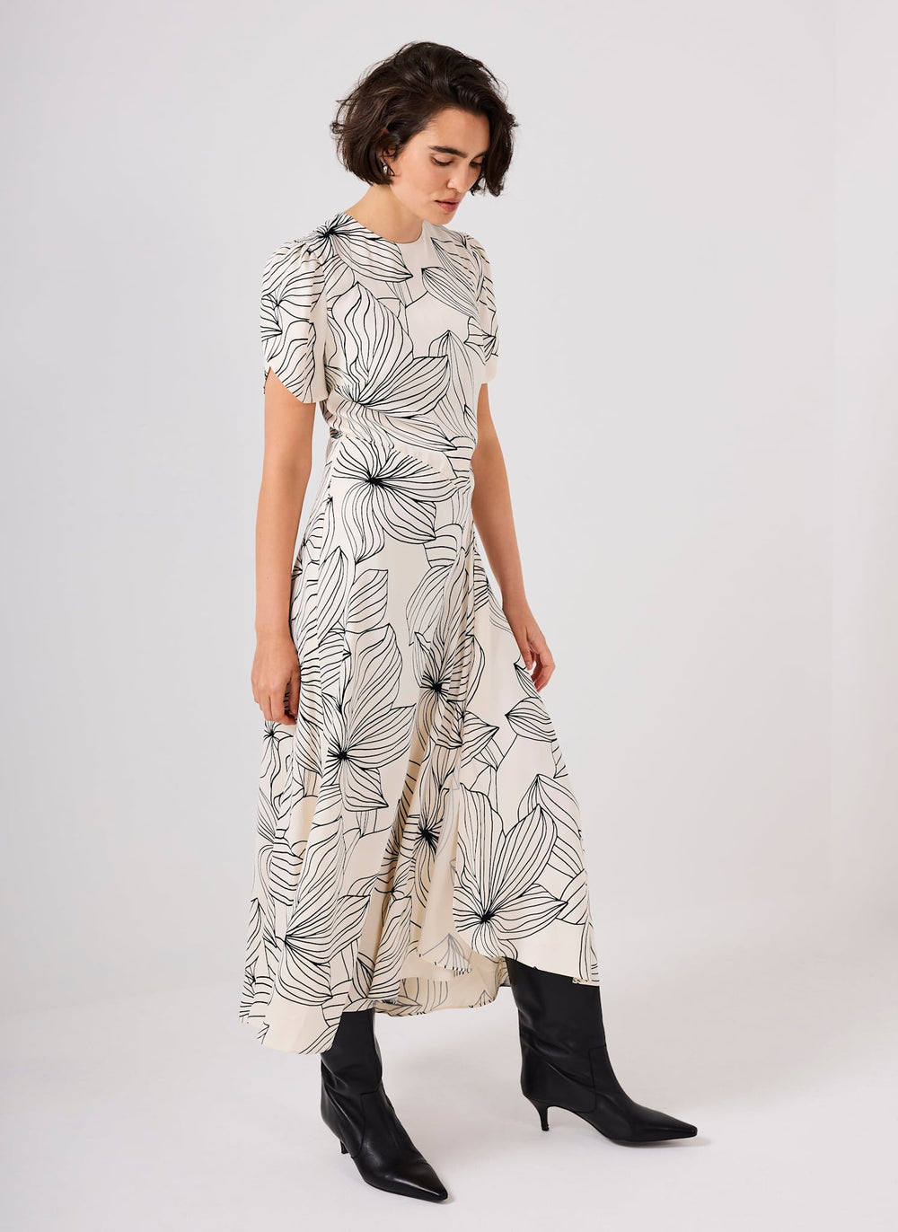 Cream Floral Print Satin Midi Dress