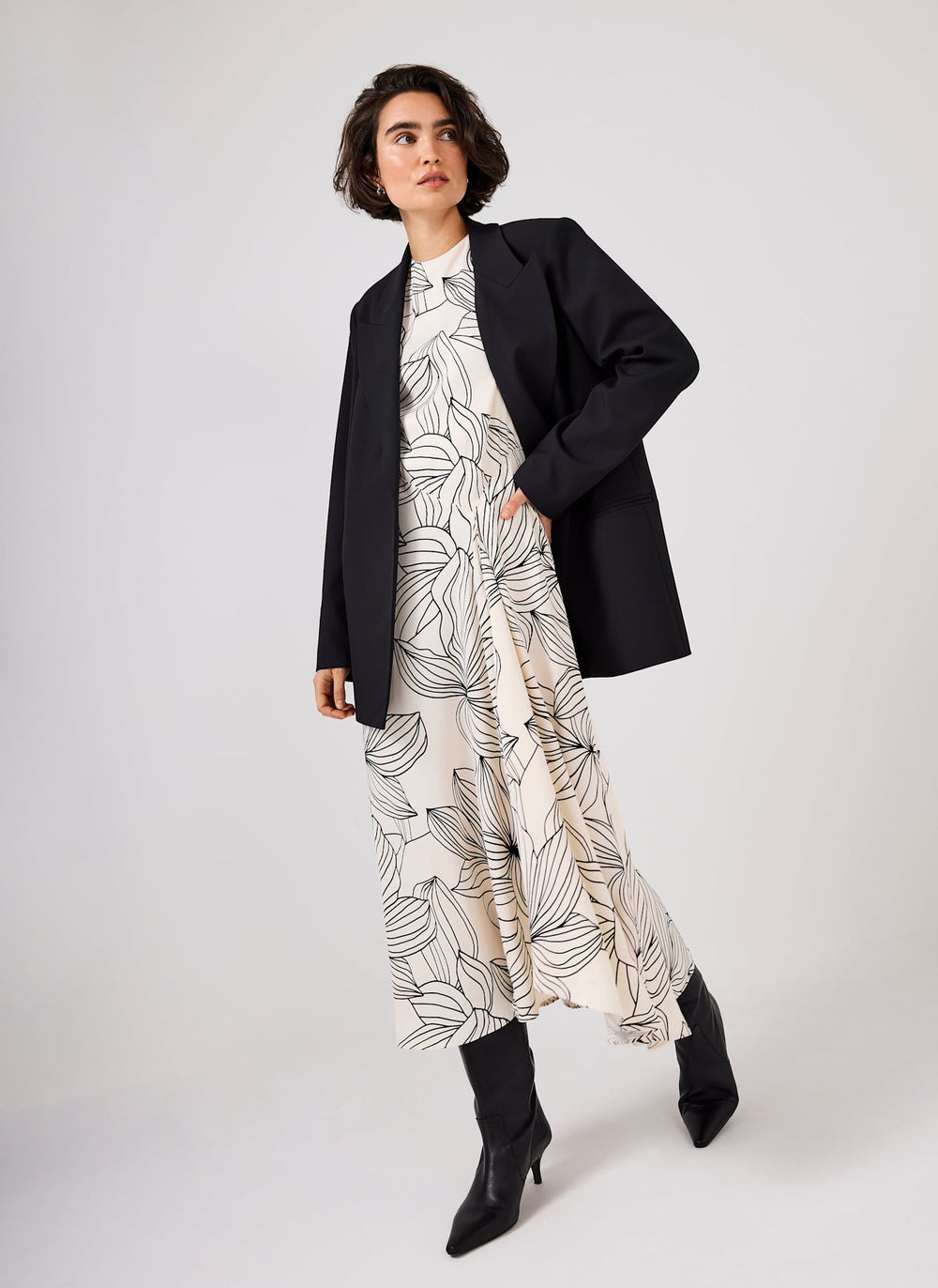 Cream Floral Print Satin Midi Dress