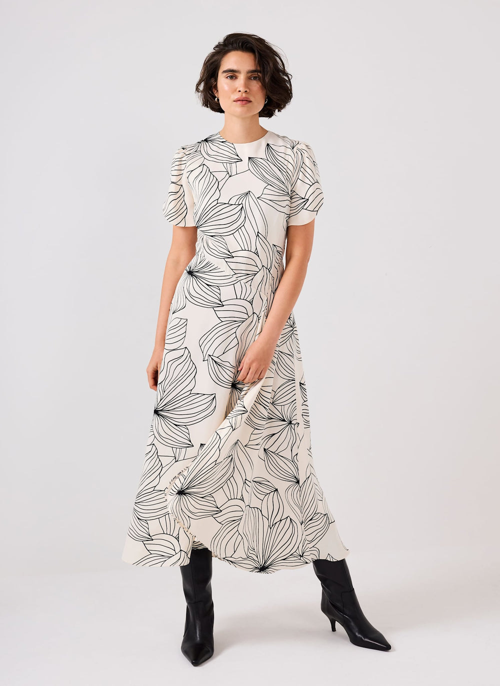 Cream Floral Print Satin Midi Dress