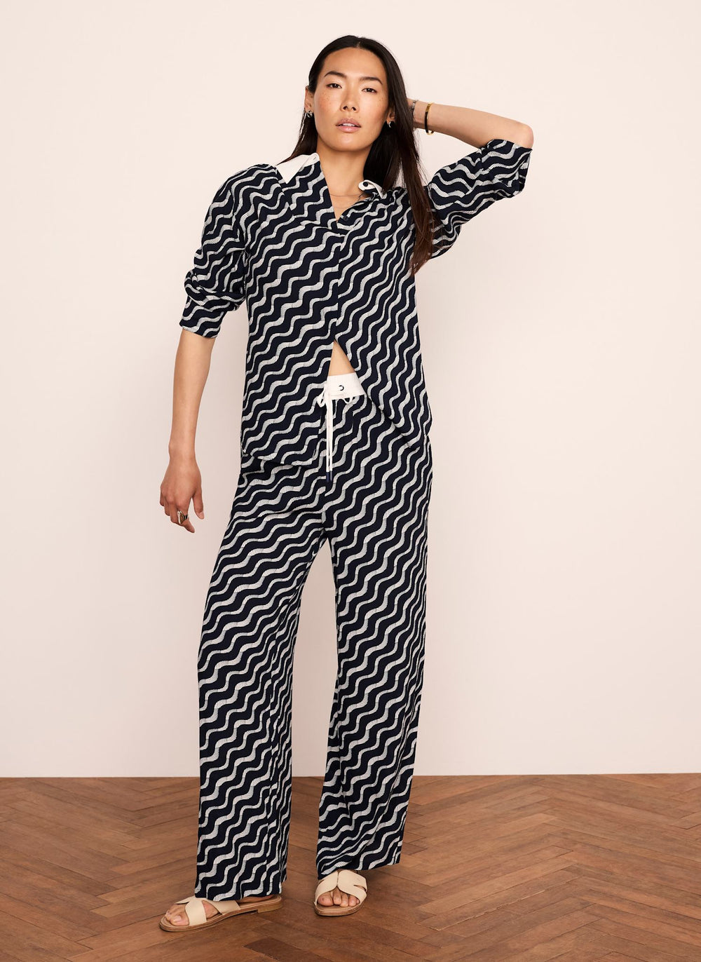 Navy Abstract Print Wide Trousers