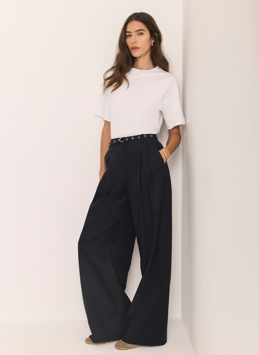 Navy Belt Wide Leg Trouser