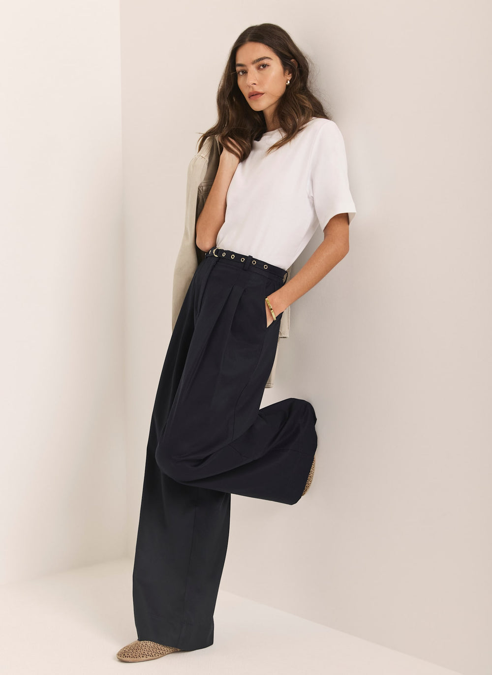 Navy Belt Wide Leg Trouser
