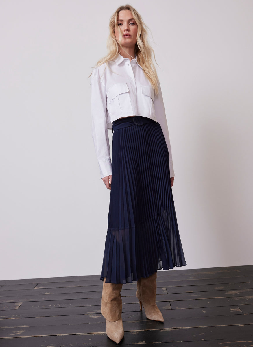 Navy Blue Pleated Midi Skirt – Mint Velvet