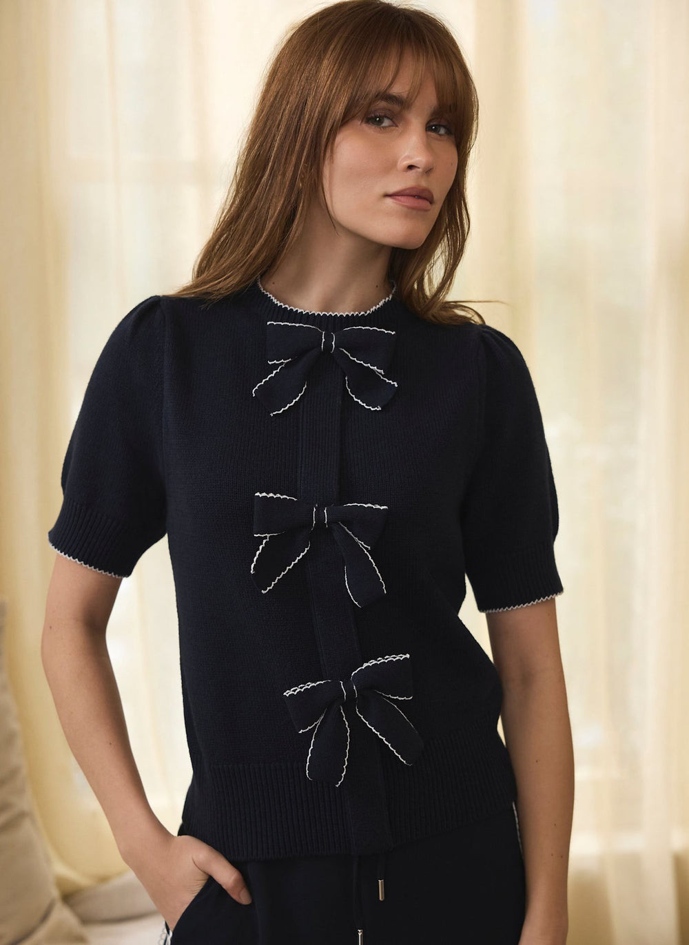 Navy Bow Detail Knit Top