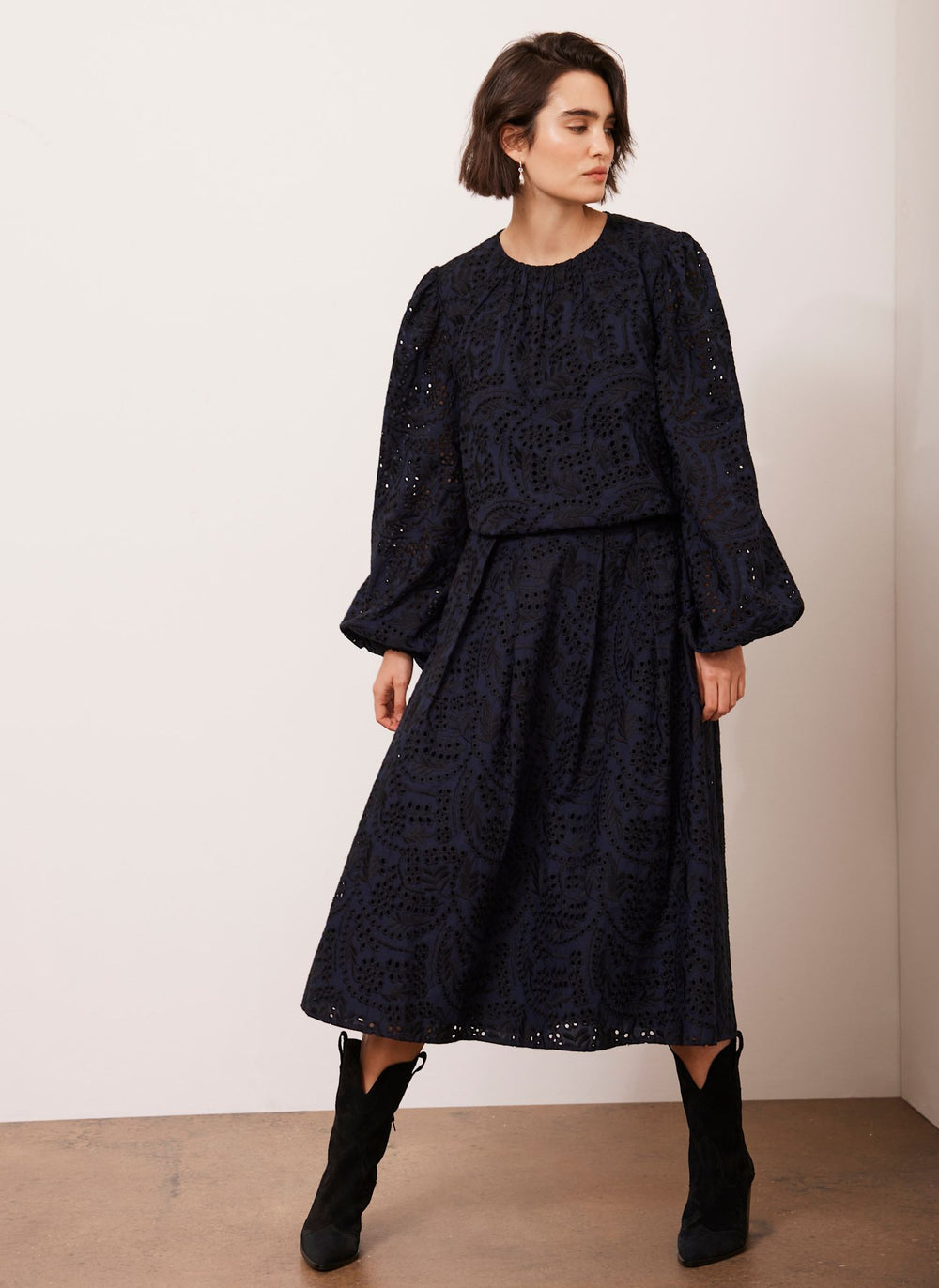 Navy Broderie Midi Skirt