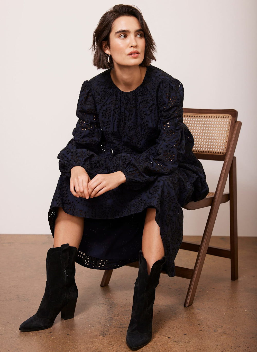 Navy Broderie Midi Skirt