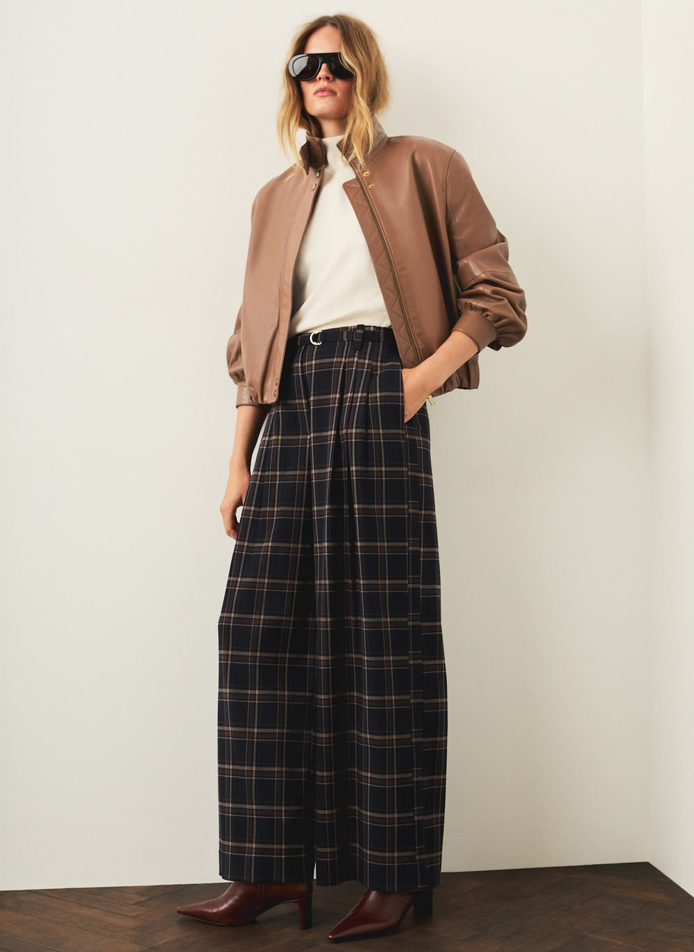 Navy Checked Wide Leg Trousers