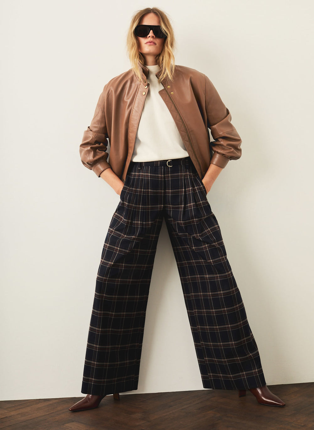 Navy Checked Wide Leg Trousers