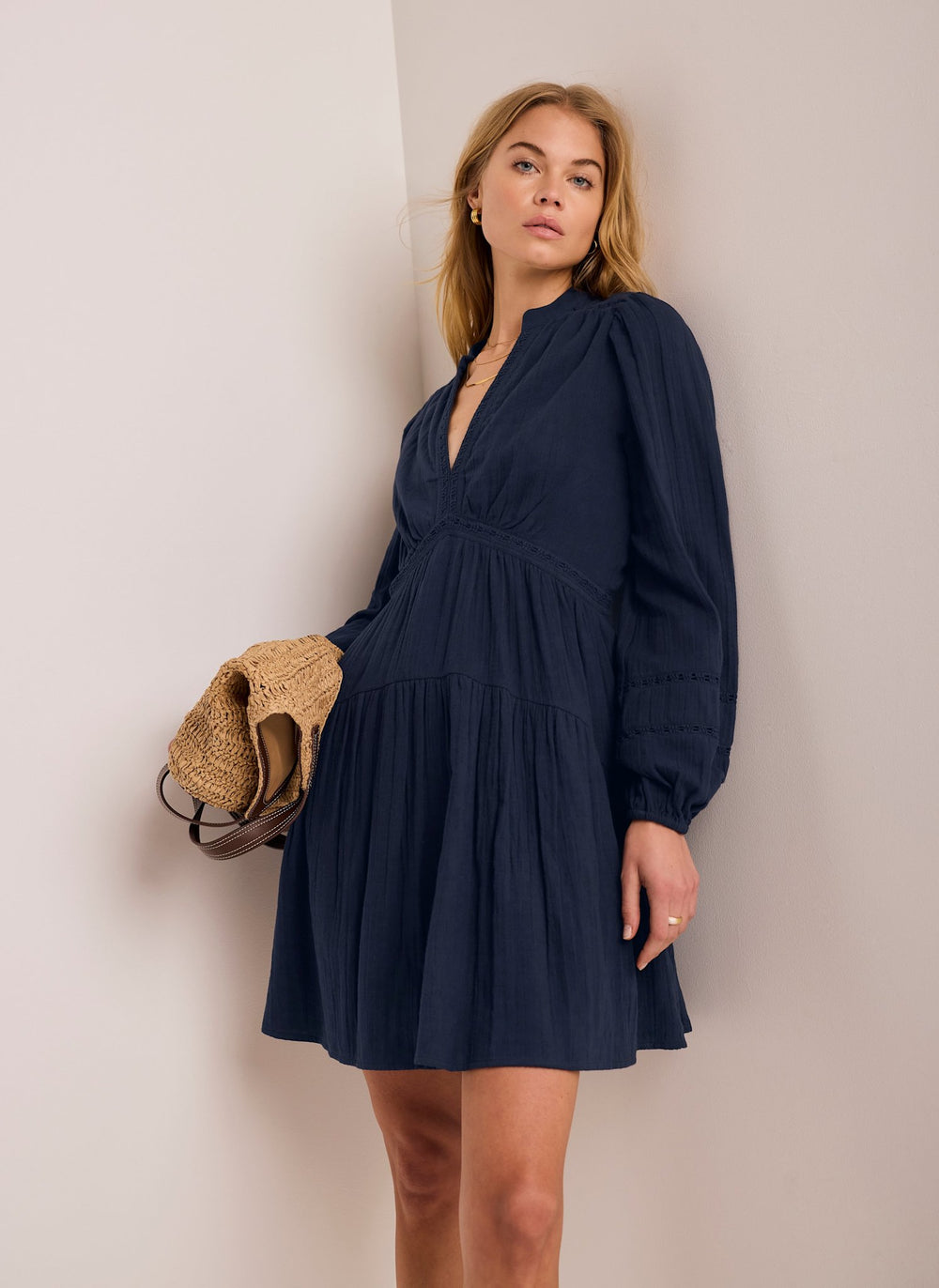 Navy Cotton Cheesecloth Mini Dress