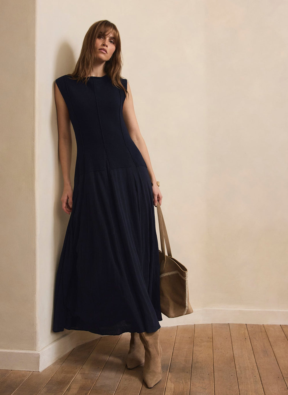 Navy Cotton Blend Drop Waist Maxi Dress
