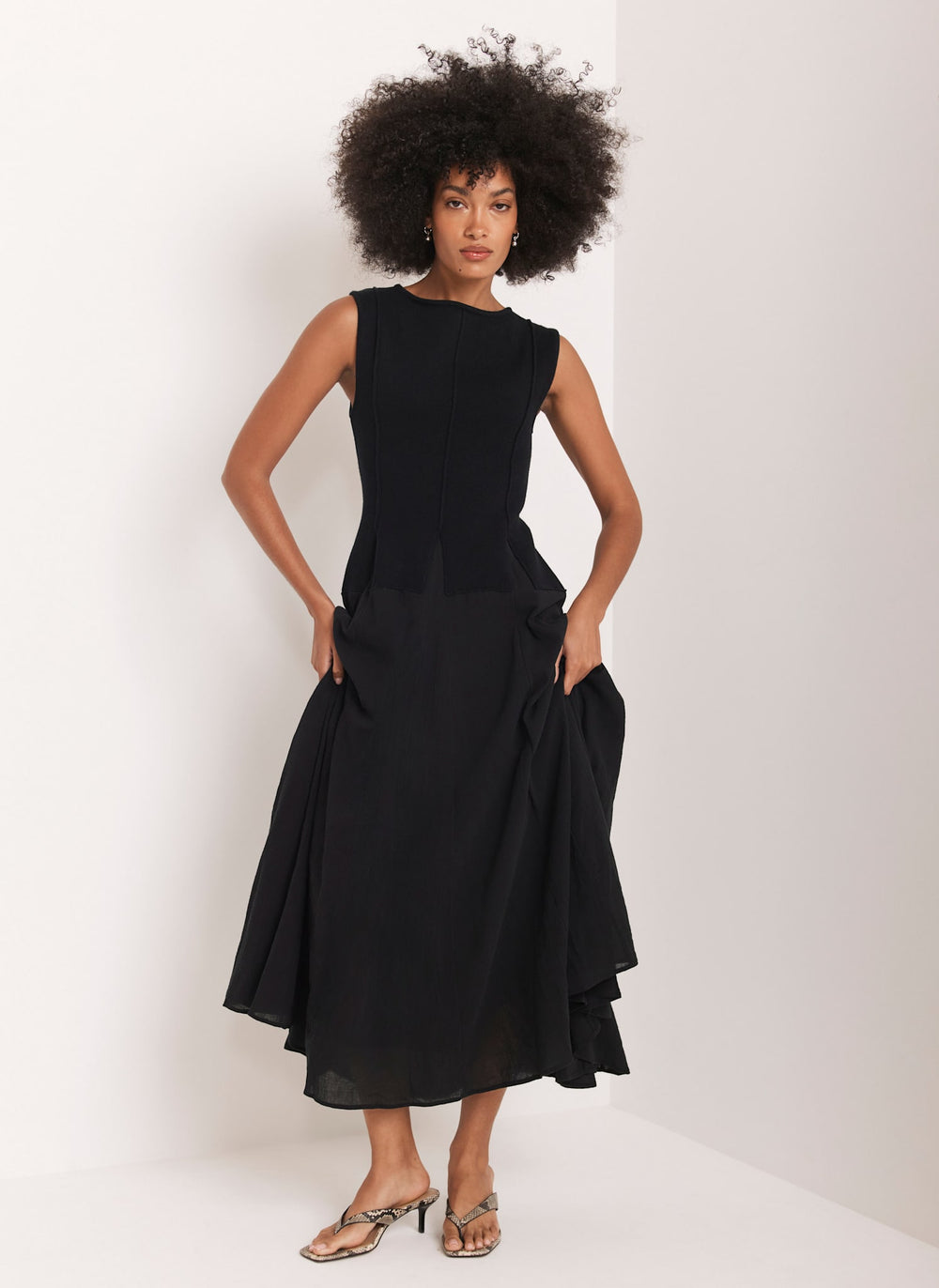 Navy Cotton Blend Drop Waist Maxi Dress