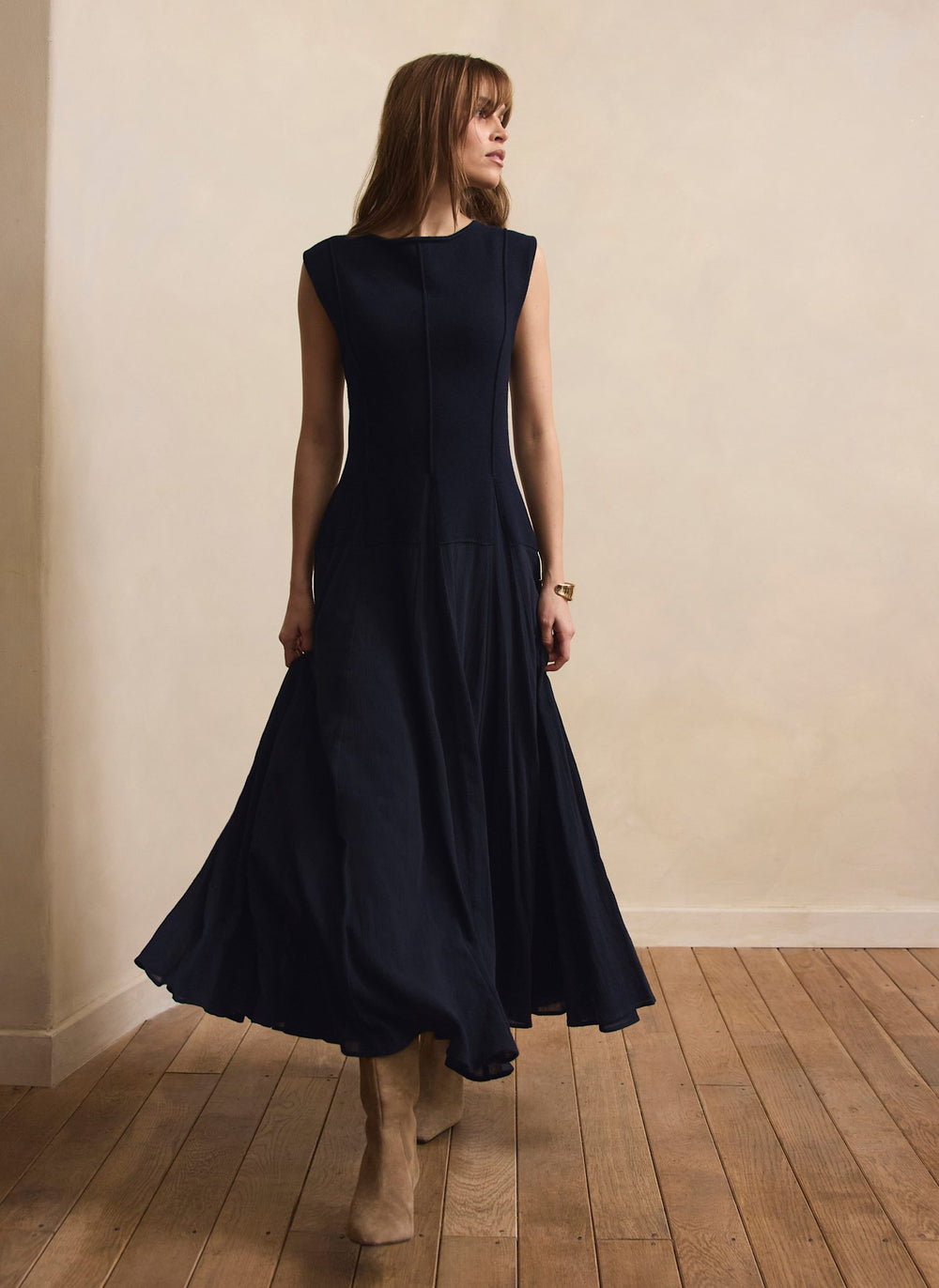 Navy Cotton Blend Drop Waist Maxi Dress