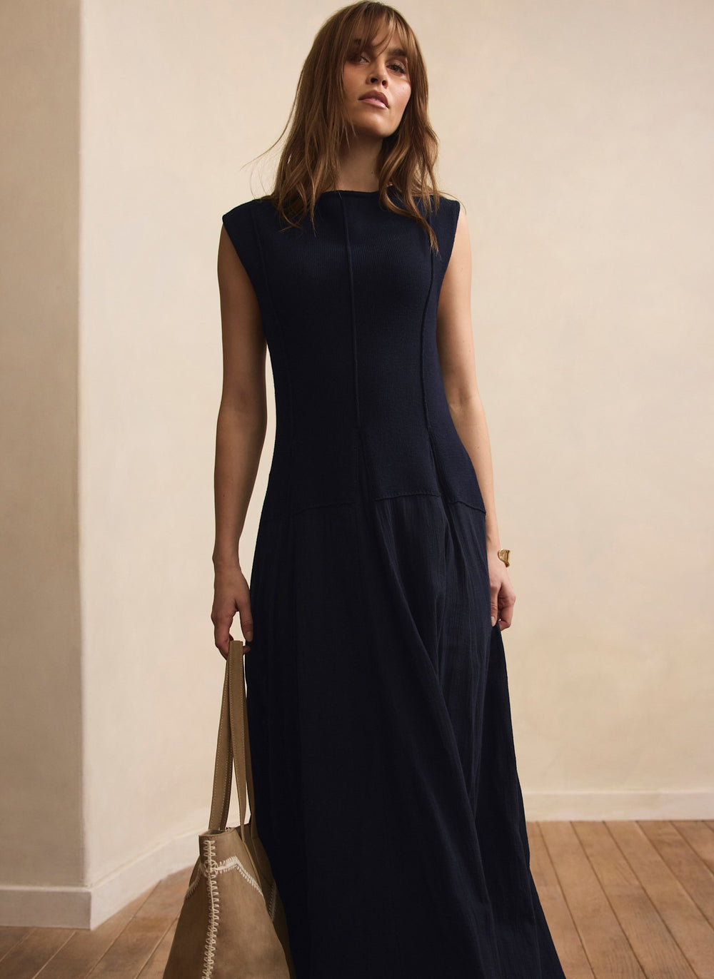 Navy Cotton Blend Drop Waist Maxi Dress